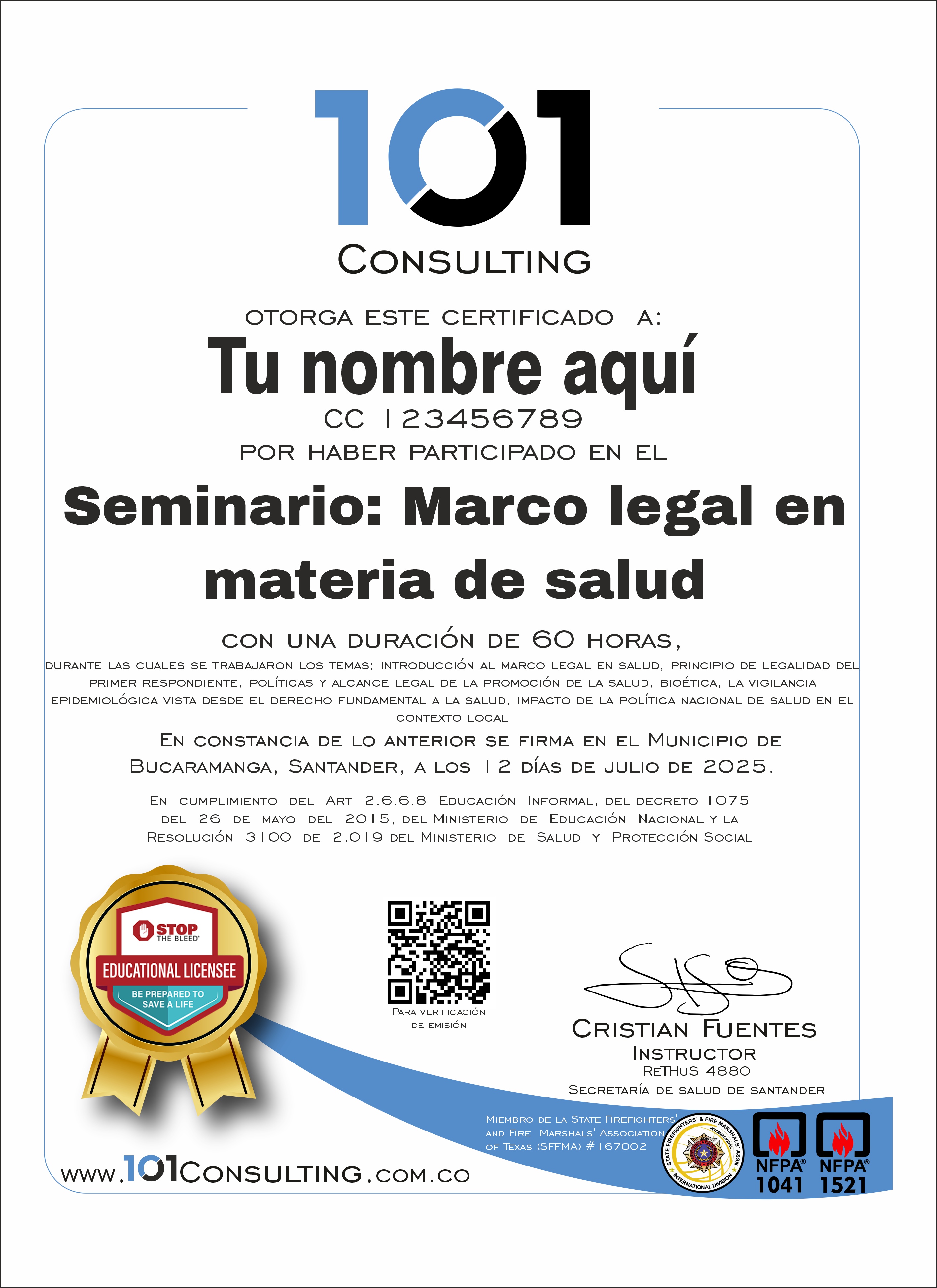 Certificado seminarios 101 Consulting